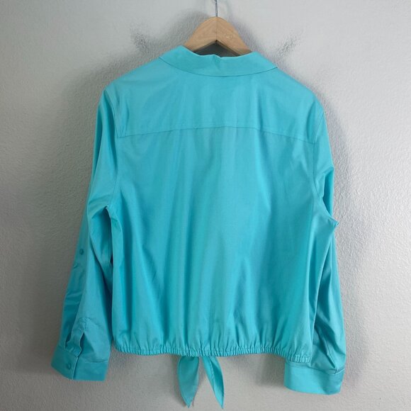Chicos Womens XL No Iron Turquoise Button Up Shirt Roll Tab Sleeve Blouse - Picture 8 of 9